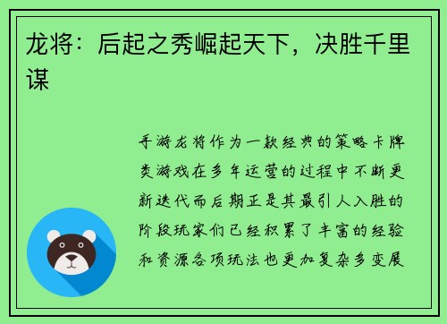 龙将：后起之秀崛起天下，决胜千里谋